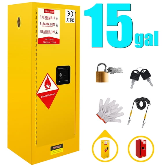 Flammable Storage Cabinet 15 Gallon, Adjustable Thickened Shelf Galvanized Steel 35.5x18.11x18.11Inch, Yellow Fireproof Liquid Storage, Hazardous Storage Cabinets, Safety Cabinets for Commercial War