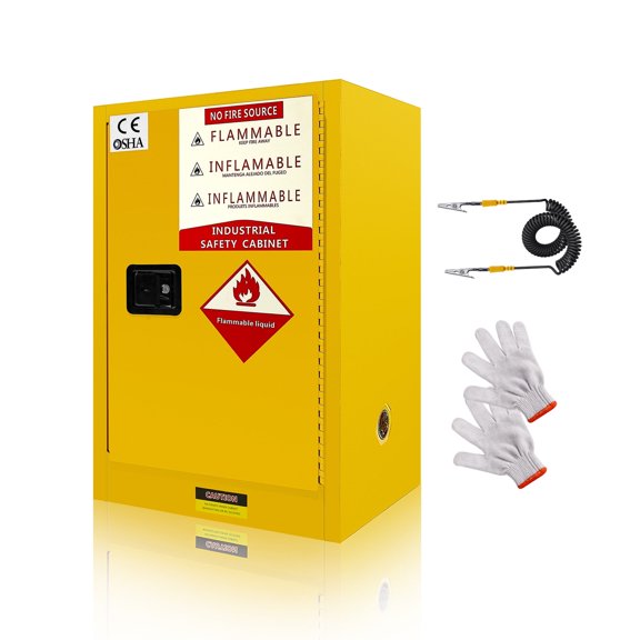 Industrial Safety Cabinet, 12 Gal Capacity, Galvanized Steel, Yellow Flammable Storage Cabinet, Gas Can Storage, for Chemicals, Workshop, Automotive