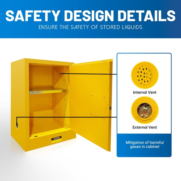 Flammable Storage Cabinet Yellow, 12 Gallon Fireproof Chemical Cabinet with 3-Point Lock & Adjustable Shelf, Double-Layer Explosion-Proof Safety Cabinet for Laboratory Workshop Commercial