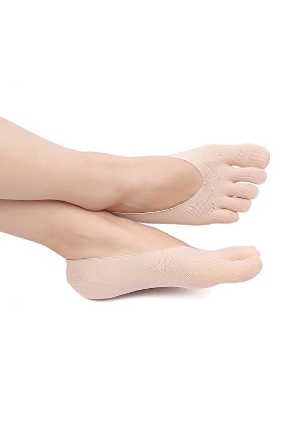Flammi Women's 4 Pairs No Show Toe Socks Five Finger Liner Socks w/ Non-Slip Heel Grip (Beige)