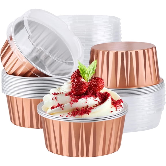 Flan Containers with Lids, 25pcs 5oz Disposable Dessert Holders Aluminum Foil Baking Cups, Mini Muffin Creme Brulee Ramekins Cheesecake Loaf Pan for Catering Wedding Party Favor-Rose Gold