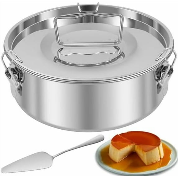 Flan Mold With Lid, Stainless Steel Pan With Handle, 1.5QT Capacity Baking Maker With Spatula, Portable Round Pan for 6-8QT Fast Pot Making Cheesecake Cupcake Pudding