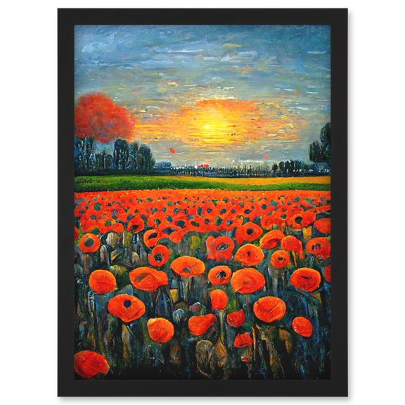 Flanders Field At Sunset Expressionism Oil Paint Poppy Flowers Artwork Framed Wall Art Print A4