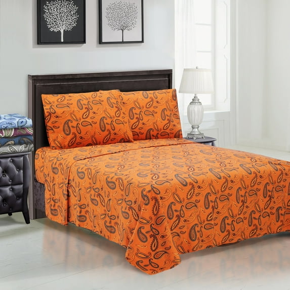 Flannel 100% Cotton All-Season Deep Pocket Paisley Sheet Set Pumpkin / King