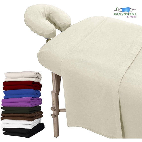 Flannel 100% Cotton Massage Table Sheets 3 Pieces Fitted Flat & Face Cover Set Natural Color