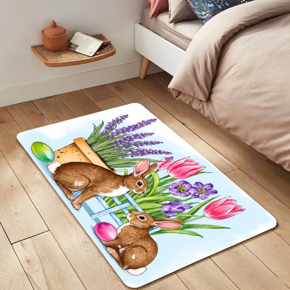 Flannel Bath Mat 24x36 Inch, Easter Bunny Tulip Lavender Print Non Slip Bathroom Rug, Soft Absorbent Spring Decor Floor Mat for Bedroom Entryway Shower