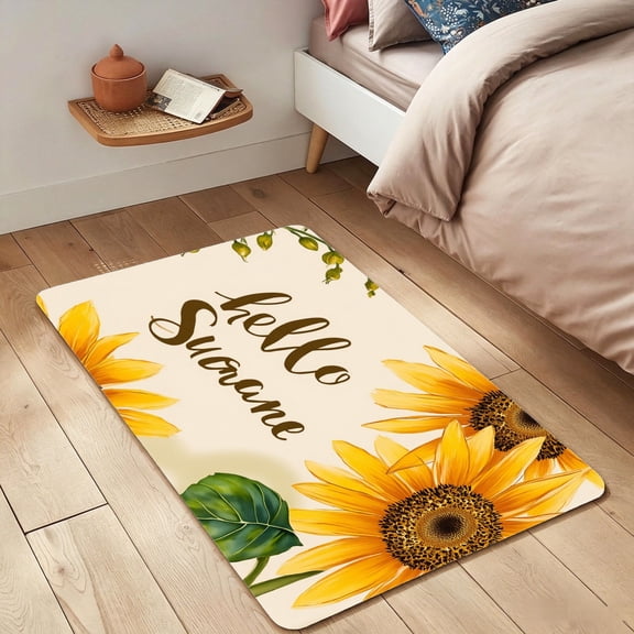 Flannel Bath Mat 24x36 Inch, Hello Sunflower NonSlip Bathroom Rug, Soft Absorbent Farmhouse Welcome Floral Floor Mat for Kitchen Entryway