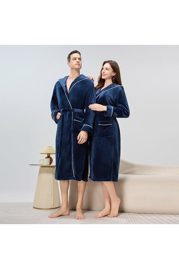 Flannel Bath Robes for Men Women with Hood and Pockets Plush Fleece Bathrobes Long Sleeve Solid Color Thermal Warm Loungewear Shower Robe Pajamas