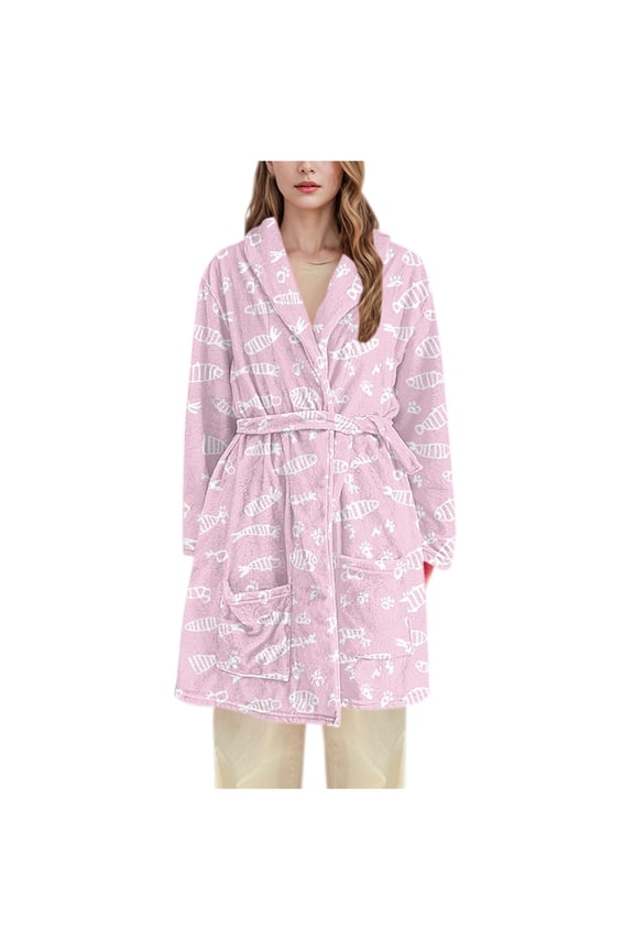 Flannel Bathrobe for Women Plush Fleece Robe Long Sleeve Warm Cozy Soft Loungewear Sleepwear Winter Pajamas