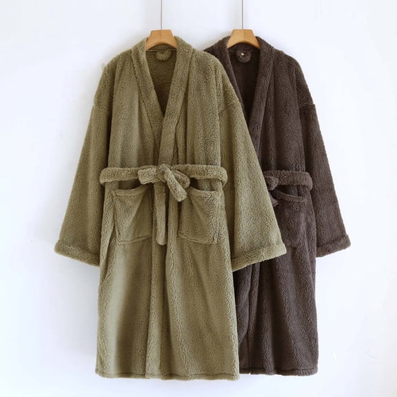 Flannel Belted Kimono Robe Couple Set for Women and Men Cotton Terry Ultra Soft Bathrobe Warm Loungewear with Pockets Adjustable Waist and Belt Coffee L