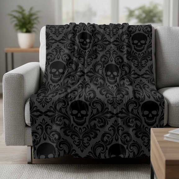Flannel Blanket Black Damascus Skeleton Soft Lightweight Throw Blanket Modern Abstract Flowers Pattern Cozy Blanket for Bed Couch Sofa Bedroom Living Room 30" x 40"