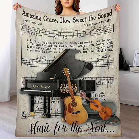 Flannel Blanket with Classic Musical Theme Featuring 'Amazing Grace' Sheet Music and Elegant Piano and Guitar Design Perfect for Music Lovers and Home Decor.