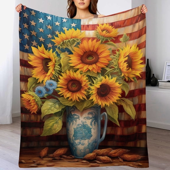 Flannel Blanket for Couch Patriotic Sunflower American Flag Lightweight Throw Blanket for Couch Bed Living Room America Flag Stars And Stripes Throw Blanket for Women Men 60"x80"