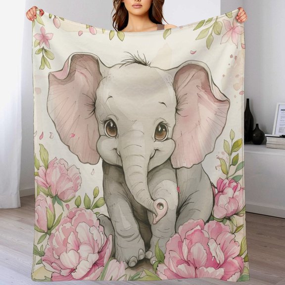 Flannel Blanket A Cute Baby Elephant with Big Eyes Throw Blanket Ultra Soft Warm Fleece Blanket for Couch Bed Living Room Elephant with Floral Throw Blanket 60"x80"