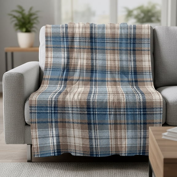 Flannel Blanket Farmhouse Blue Brown Plaid Soft Lightweight Throw Blanket Retro Gingham Squares Cozy Blanket for Bed Couch Sofa Bedroom Living Room 30" x 40"