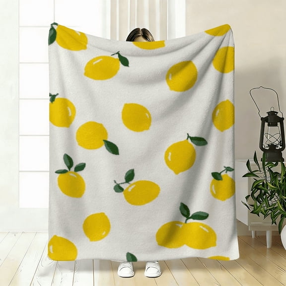 Flannel Blanket Featuring a Playful Lemon Pattern on a Beige Backdrop, Perfect for All Seasons. This Soft And Lightweight Throw Is Ideal for Your Sofa, Bed, Or As a Gift for Home.