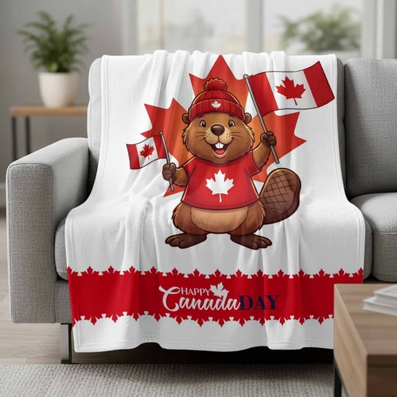 Flannel Blanket Happy Canada Day Soft Lightweight Throw Blanket Maple Leaf Flag Beaver Cozy Blanket for Bed Couch Sofa Bedroom Living Room 30" x 40"