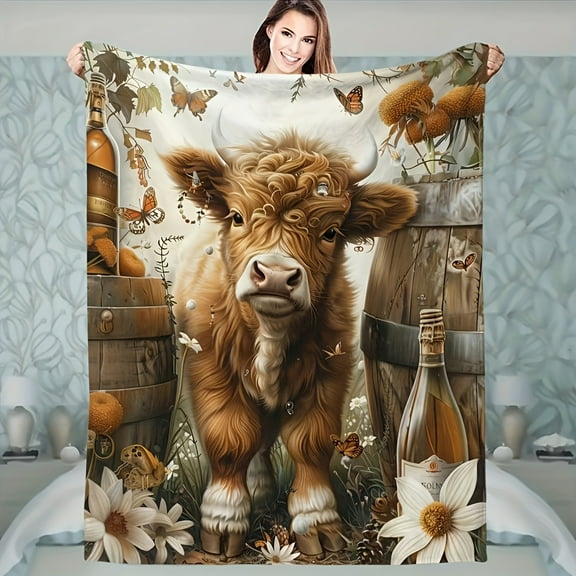 Flannel Blanket Modern Style Highland Cow And Keg Print Throw Blanket Warm And Comfortable Soft Blanket The Best Holiday Gift Blanket Birthday Blanket Gift Blanket