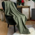 thumbnail image 1 of Flannel Blanket Soft Throw Blanket with Pompom Fringe Lightweight Bed Blanket Fit Couch Sofa(70"x 80")(Green), 1 of 7