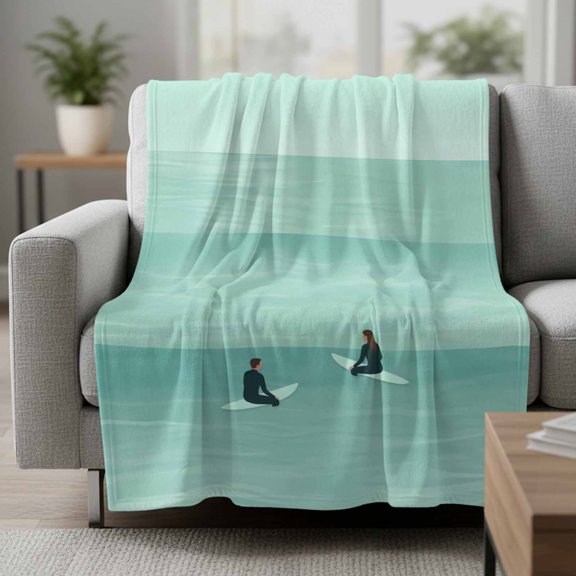 Flannel Blanket Summer Coastal Ocean Soft Lightweight Throw Blanket Nautical Surfers on Boards Teal Water Cozy Blanket for Bed Couch Sofa Bedroom Living Room 30" x 40"
