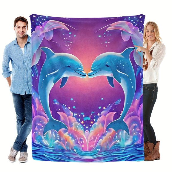 Flannel Blanket With Two Dolphins Leaping Out Of The Sea And Kissing Pattern Warm Soft Lightweight Suitable For Travel Camping Living Room Office Sofa Chair And Bed All Year Round!