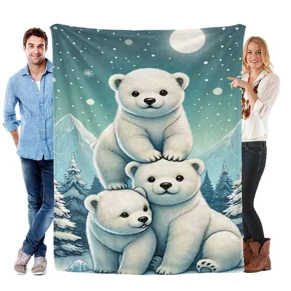 Flannel Blanket With Three Polar Bears Standing In The Snow Pattern Under The Moonlit Night Warm Soft Lightweight