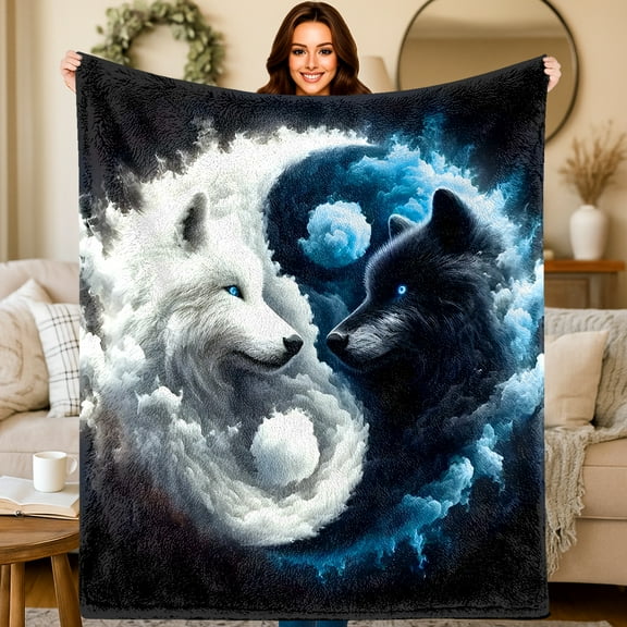 Flannel Blanket with 2D Printed Wolf Yin Yang Art, Mystical Throw for Sofa Bed Camping Office Travel, All-Season Machine Washable Pet-Friendly Gift