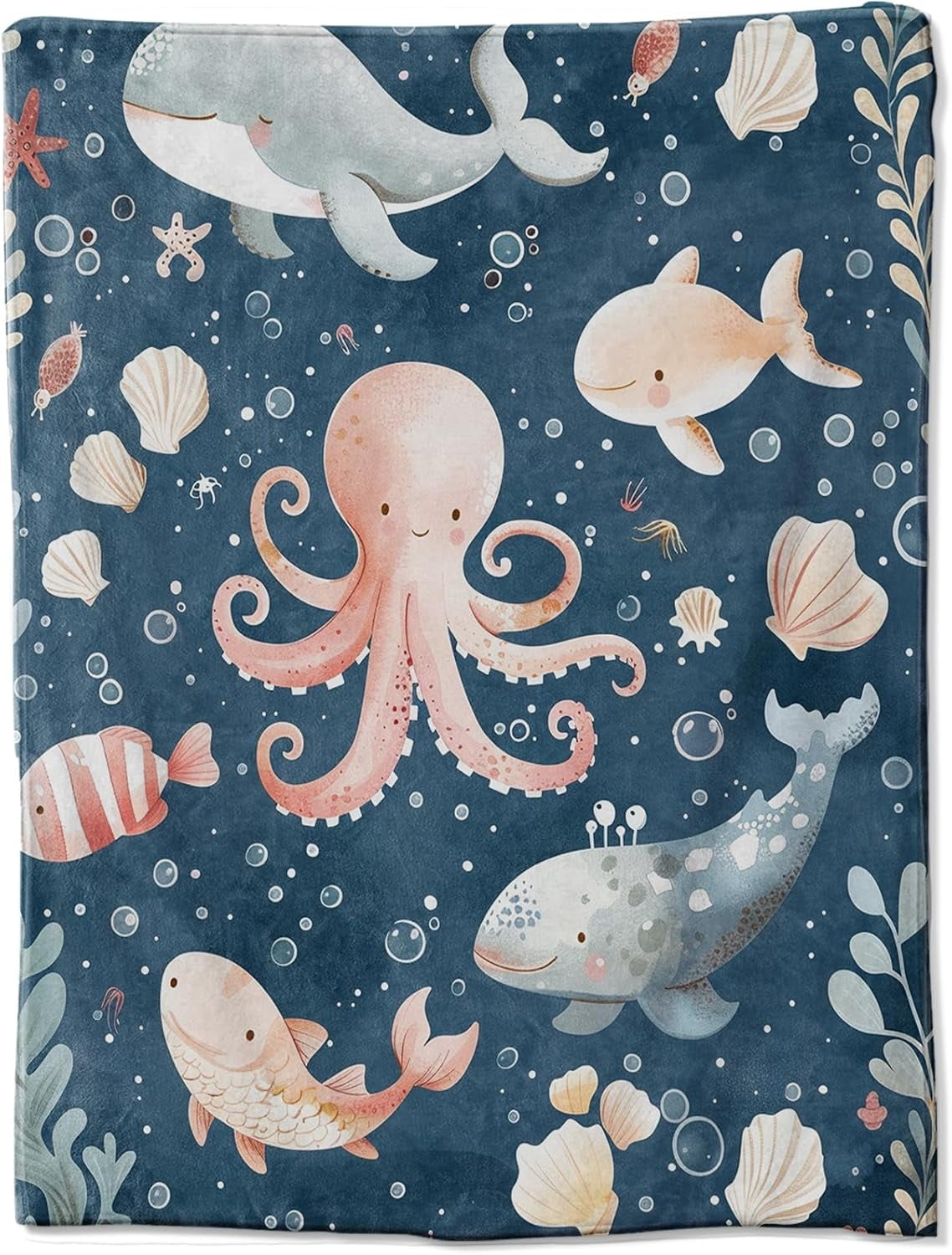 Flannel Blanket with Adorable Underwater Creatures Design Featuring