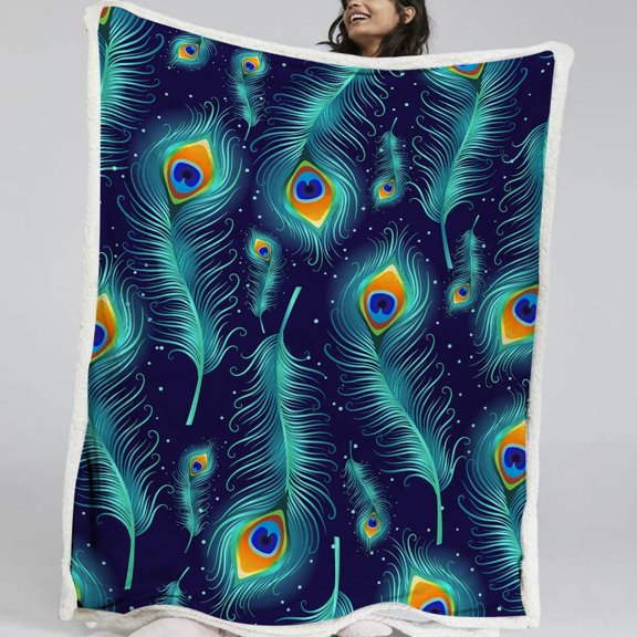 Flannel Blankets Peacock Feathers Eyespot Pattern Throw Blanket for Bed, Couch and Sofa, Psychedelic Sherpa Blanket, Twin, 60 x 80 Inches, Turquoise Blue