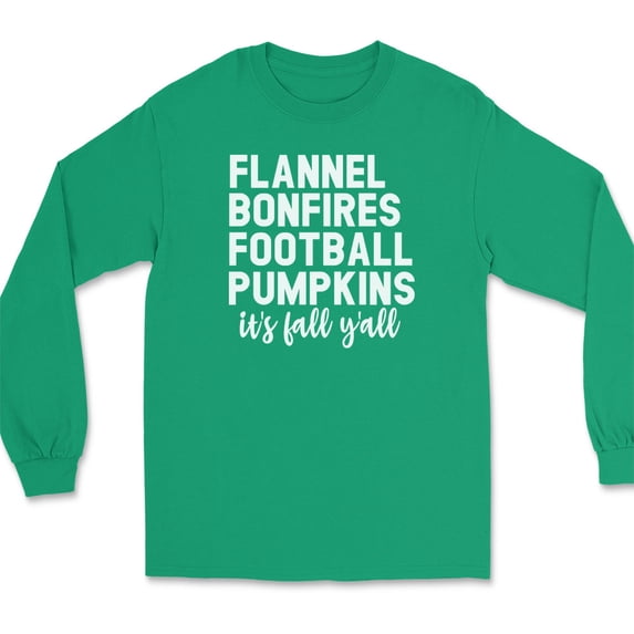 Flannel Bonfires Football Pumpkins Long Sleeve T-Shirt Thanksgiving Fall Gift - Green, S