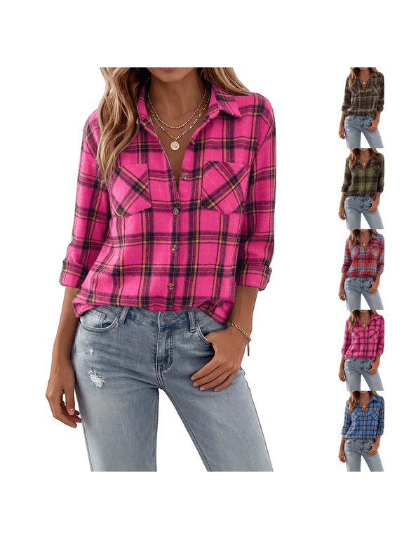 Flannel Button Down Shirts Womens Long Sleeve Casual Fall Plaid Top Shirt Lightweight Loose Fit Blouse Business Fashion Western Shackets Jacket Hot Pink S