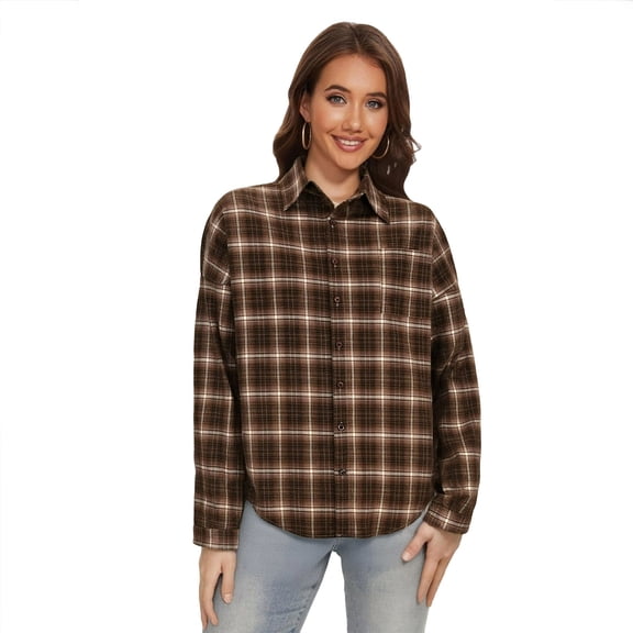 Flannel Button Up Shirts for Women Long Sleeve Classic Plaid Shackets Jackets Loose Casual Lapel Collar Blouses (L, Brown)