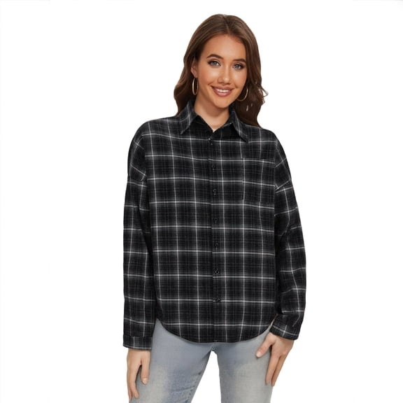 Flannel Button Up Shirts for Women Long Sleeve Classic Plaid Shackets Jackets Loose Casual Lapel Collar Blouses (S, Black)