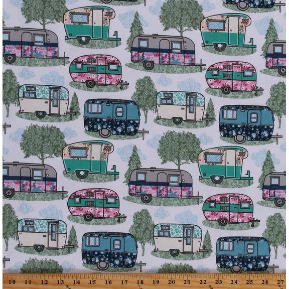 Flannel Campers Camping Trailers Vacation Travel Vehicles on White Cotton Flannel Fabric Print by the Yard (15313-WHITE)
