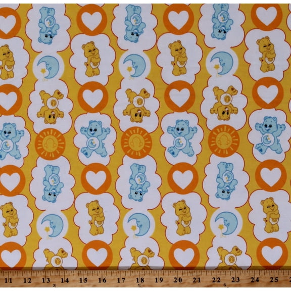 Flannel Care Bears Funshine and Bedtime Bear Hearts Clouds Moons Kids Yellow Cotton Flannel Fabric Print by the Yard (44010103B-01)