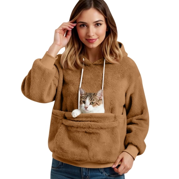 Flannel Cat Dog Pet Pouch Hoodie for Women, Pullover Sweatshirt with Front Carrier Pocket and Drawstring Hood