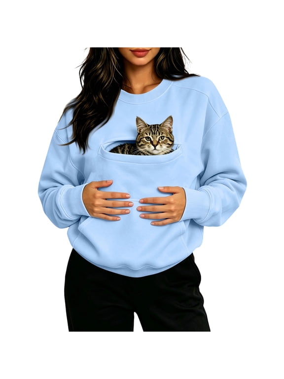 Flannel Cat Dog Pet Pouch Hoodie for Women, Pullover Sweatshirt with Kangaroo Pocket and Drawstring Hood