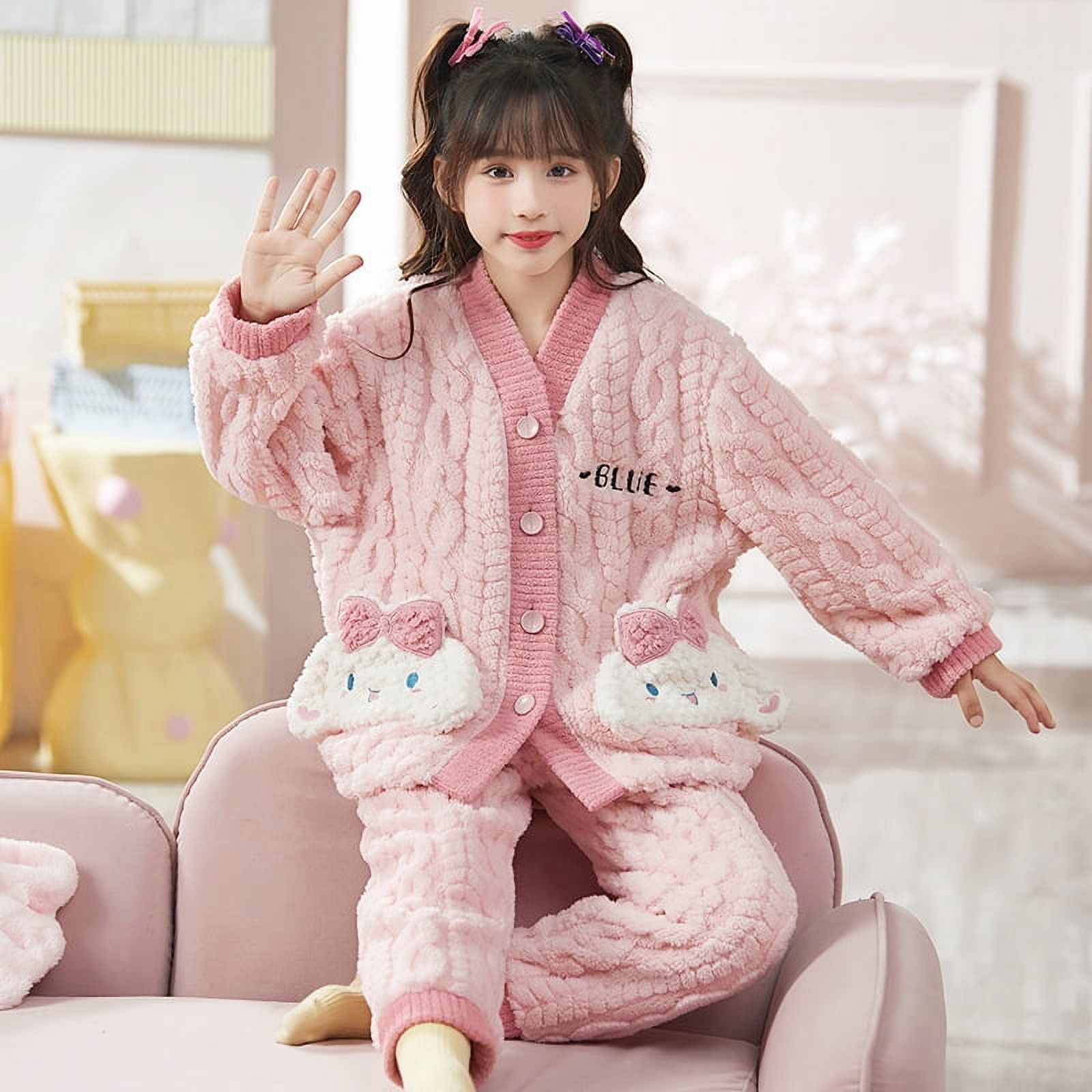 Flannel Child Pajamas Autumn Winter Kuromi Sanrios Kawaii Cartoon Girl 