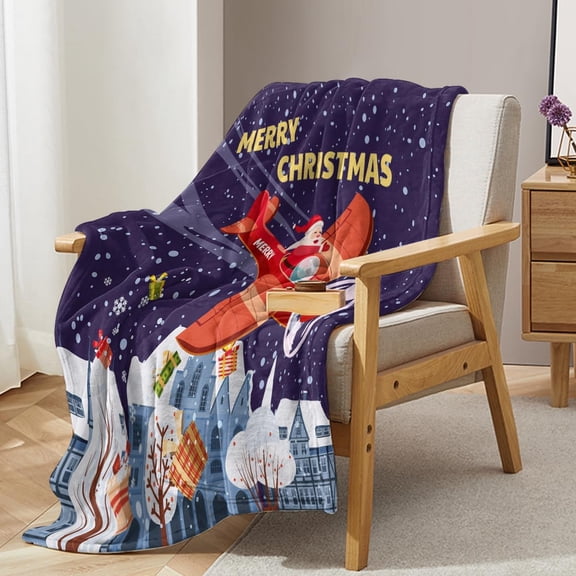 Flannel Christmas Flannel Blanket Santa Flying Airplane Pattern Fuzzy Fluffy Soft Cozy Blanket Blue (30"x40")