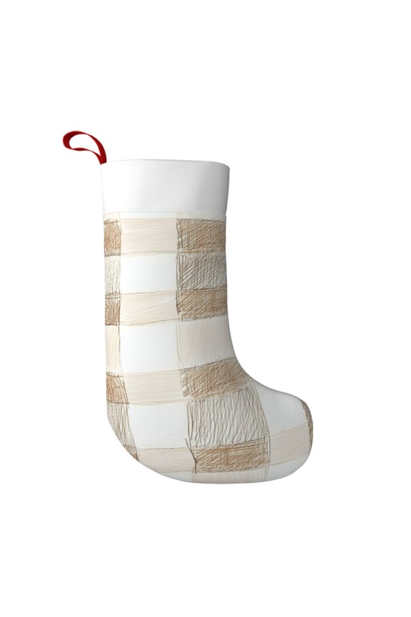 Flannel Christmas Stocking 17.7117in Soft And Light Touch Good Socks Splicing Design Can Be Used For Hanging Beige Checked Hand-Drawn Sketch_2