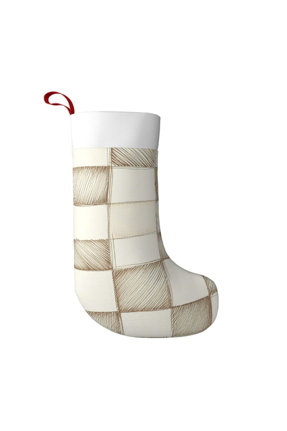 Flannel Christmas Stocking 17.7117in Soft And Light Touch Good Socks Splicing Design Can Be Used For Hanging Beige Checked Hand-Drawn Sketch_4
