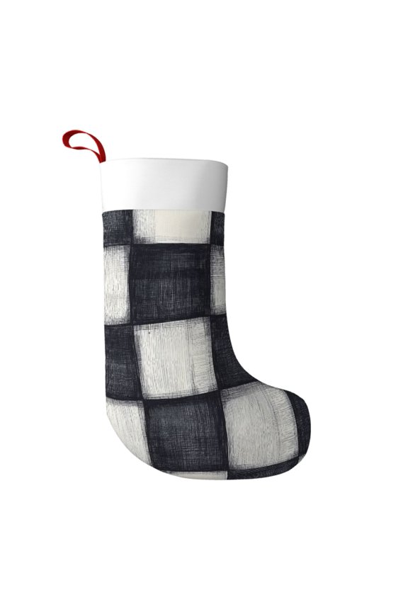 Flannel Christmas Stocking 17.7117in Soft And Light Touch Good Socks Splicing Design Can Be Used For Hanging Darkgray Checked Hand-Drawn Sketch_2
