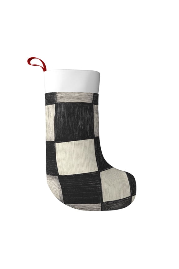 Flannel Christmas Stocking 17.7117in Soft And Light Touch Good Socks Splicing Design Can Be Used For Hanging Darkgray Checked Hand-Drawn Sketch_3