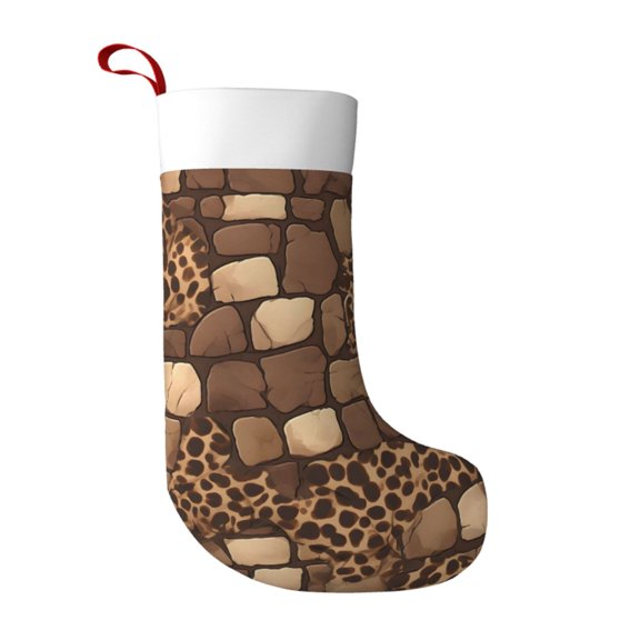 Flannel Christmas Stocking 17.7117in Soft And Light Touch Good Socks Splicing Design Can Be Used For Hanging Leopard Skin Print Style Firebrick_3