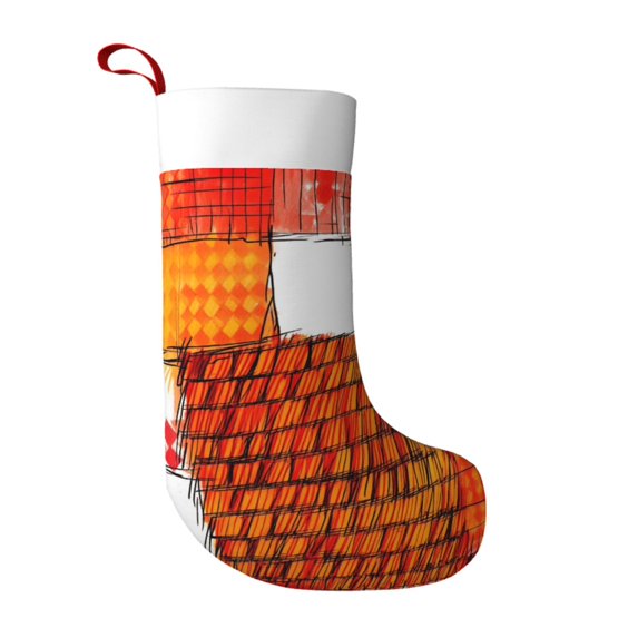 Flannel Christmas Stocking 17.7×11×7in Soft And Light Touch Good Socks Splicing Design Can Be Used For Hanging Orangered Houndstooth Checkered Hand-Drawn Sketch_2