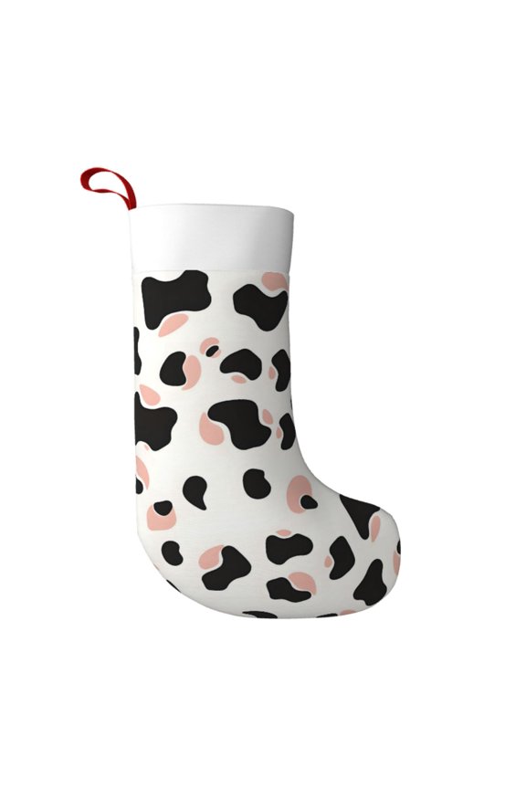 Flannel Christmas Stocking 17.7117in Soft And Light Touch Good Socks Splicing Design Can Be Used For Hanging Simple Cow Print Pattern White Background, Pink And White_2