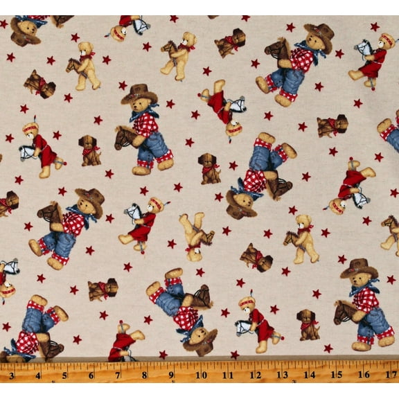 Flannel Cowboy Bears Teddy Bears Western Nursery Toys Kids Tan Cotton Flannel Fabric Print by the Yard (L3162-C)