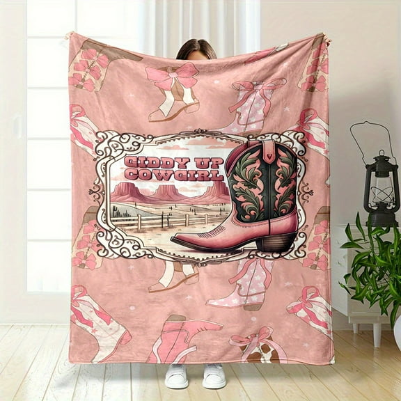 Flannel Cowgirl Boot Print Blanket - All-Season Reversible Polyester Digital Printed Throw, Cartoon Pattern, Contemporary Style, No Pilling or Shedding, Soft and Durable for Nap Office Home Gift