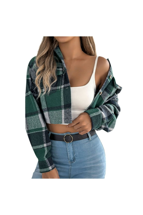 Flannel Crop Jackets Women Fashion Plaid Print Button Down Coat Going Out Y2K Fall Trendy Tops with Pockets Long Sleeve Cropped Shacket Plaid Short Jacket Coat