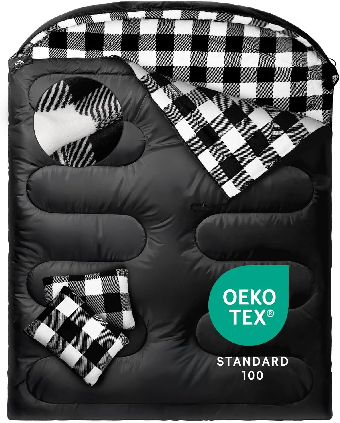 Flannel Double Sleeping Bag for Adults Cold Weather, XL Queen Size All Season 2 Person Big and Tall Bags Camping 0 Degree with Pillow